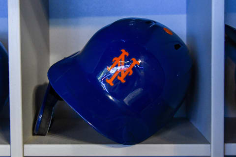 MIAMI, FL – MAY 19: A detailed view of the batting helmet worn by Robinson Cano #24 of the New York Mets before the start of the game against the Miami Marlins at Marlins Park on May 19, 2019 in Miami, Florida. (Photo by Eric Espada/Getty Images)