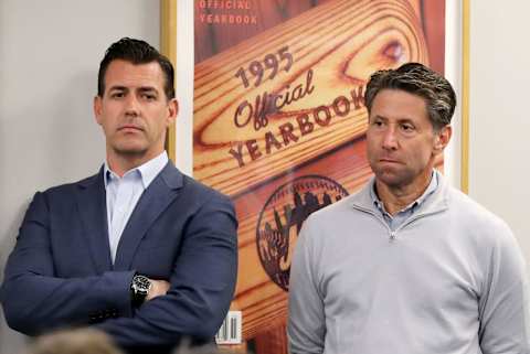 NEW YORK, NEW YORK – MAY 20: New York Mets general manager Brodie Van Wagenen and New York Mets chief operating officer Jeff Wilpon listen to manager Mickey Callaway speak during a press conference before the game between the New York Mets and the Washington Nationals at Citi Field on May 20, 2019 in the Flushing neighborhood of the Queens borough of New York City. (Photo by Elsa/Getty Images)