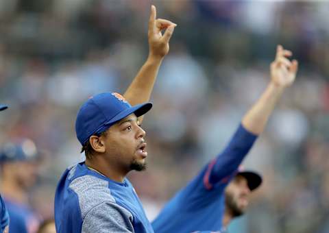 NEW YORK, NEW YORK – MAY 20: Dominic Smith #22 of the New York Mets gestures that a hit from teammate Amed Rosario’s hit was a solo home run in the first inning against the Washington Nationals at Citi Field on May 20, 2019 in the Flushing neighborhood of the Queens borough of New York City. (Photo by Elsa/Getty Images)