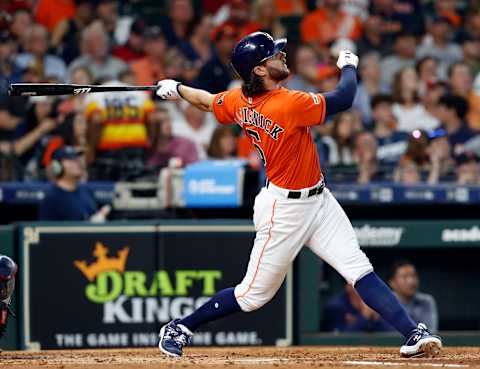 HOUSTON, TEXAS – MAY 24: Jake Marisnick #6 of the Houston Astros hits a home run in the third inning against the Boston Red Sox at Minute Maid Park on May 24, 2019 in Houston, Texas. (Photo by Bob Levey/Getty Images)