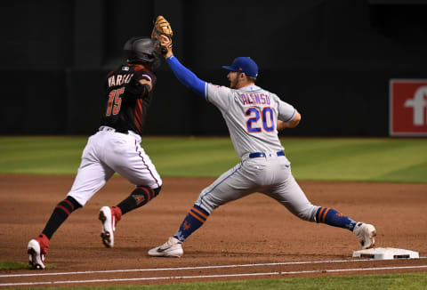 PHOENIX, ARIZONA – JUNE 01: Pete Alonso #20 of the New York Mets stretches from first base to get a force out on Ildemaro Vargas #15 of the Arizona Diamondbacks during the second inning at Chase Field on June 01, 2019 in Phoenix, Arizona. (Photo by Norm Hall/Getty Images)