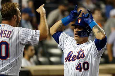 NEW YORK, NEW YORK – JUNE 04: Wilson Ramos #40 of the New York Mets celebrates with Pete Alonso #20 of the New York Mets after hitting a two run home run against the San Francisco Giants during the six inning at Citi Field on June 04, 2019 in New York City. (Photo by Michael Owens/Getty Images)