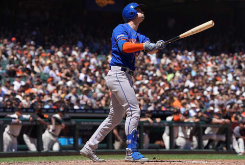 SAN FRANCISCO, CA – JULY 20: Jeff McNeil #6 of the New York Mets swings and watches the flight of his ball as he hits a two-run home run against the San Francisco Giants in the top of the fifth inning at Oracle Park on July 20, 2019 in San Francisco, California. (Photo by Thearon W. Henderson/Getty Images)