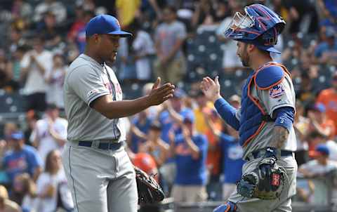 PITTSBURGH, PA – AUGUST 04: Jeurys Familia #27 of the New York Mets celebrates with Tomas Nido #3 after the final out in a 13-2 win over the Pittsburgh Pirates at PNC Park on August 4, 2019 in Pittsburgh, Pennsylvania. (Photo by Justin Berl/Getty Images)