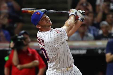 CLEVELAND, OHIO – JULY 08: Pete Alonso of the New York Mets competes in the T-Mobile Home Run Derby at Progressive Field on July 08, 2019 in Cleveland, Ohio. (Photo by Gregory Shamus/Getty Images)