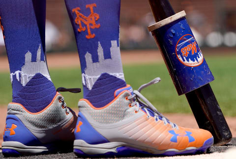 SAN FRANCISCO, CA – JULY 20: A detailed view of the Under Armour baseball cleats worn by Todd Frazier #21 of the New York Mets while standing in the on-deck circle against the San Francisco Giants in the top of the first inning at Oracle Park on July 20, 2019 in San Francisco, California. (Photo by Thearon W. Henderson/Getty Images)