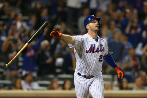 NEW YORK, NY – AUGUST 27: Pete Alonso #20 of the New York Mets flips his bat after hitting a home run against the Chicago Cubs during the fourth inning of a game at Citi Field on August 27, 2019 in New York City. The home run is Alonso’s 42nd of the season, breaking the previous franchise record. (Photo by Rich Schultz/Getty Images)