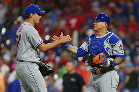 PHILADELPHIA, PA – AUGUST 31: Closer Seth Lugo #67 is congratulated by catcher Wilson Ramos #40 after defeating the Philadelphia Phillies 6-3 in a game at Citizens Bank Park on August 31, 2019 in Philadelphia, Pennsylvania. (Photo by Rich Schultz/Getty Images)