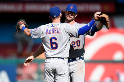 WASHINGTON, DC – SEPTEMBER 02: Jeff McNeil #6 and Pete Alonso #20 of the New York Mets celebrate a 7-3 victory against the Washington Nationals at Nationals Park on September 2, 2019 in Washington, DC. (Photo by Greg Fiume/Getty Images)