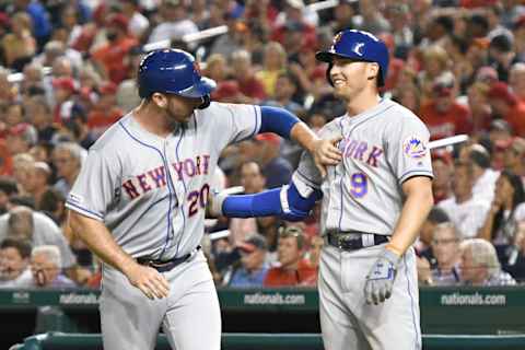 WASHINGTON, DC – SEPTEMBER 03: Michael Conforto #30 of the New York Mets celebrates scoring on Brandon Nimmo #9 sac fly in the forth inning during a baseball game against the New York Mets at Nationals Park on September 3, 2019 in Washington, DC. (Photo by Mitchell Layton/Getty Images)