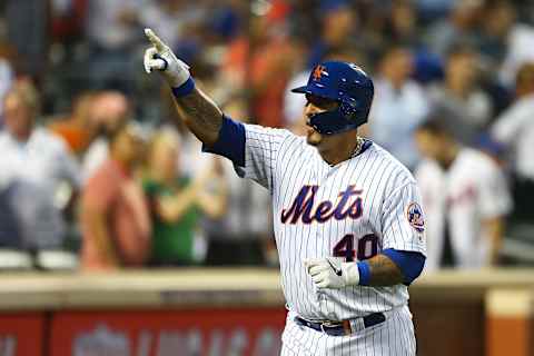 NEW YORK, NEW YORK – AUGUST 06: Wilson Ramos #40 of the New York Mets celebrates after hitting a 2-run home run to center field in the third inning against the Miami Marlins at Citi Field on August 06, 2019 in New York City. (Photo by Mike Stobe/Getty Images)