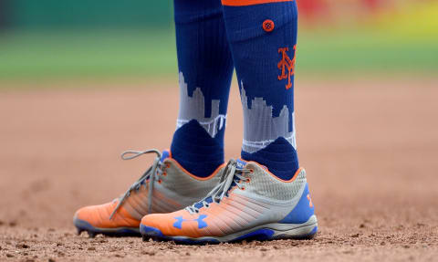 PITTSBURGH, PA – AUGUST 04: A detailed view of the Under Armour cleats and Stance socks worn by Todd Frazier #21 of the New York Mets during the game against the Pittsburgh Pirates at PNC Park on August 4, 2019 in Pittsburgh, Pennsylvania. (Photo by Justin Berl/Getty Images)