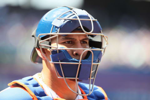 NEW YORK, NEW YORK – AUGUST 11: Wilson Ramos #40 of the New York Mets looks on against the Washington Nationals during their game at Citi Field on August 11, 2019 in New York City. (Photo by Al Bello/Getty Images)