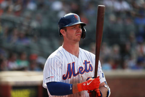 NEW YORK, NEW YORK – AUGUST 11: Pete Alonso #20 of the New York Mets waits to bat against the Washington Nationals during their game at Citi Field on August 11, 2019 in New York City. (Photo by Al Bello/Getty Images)