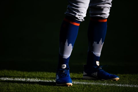 ATLANTA, GA – AUGUST 15: A detail view of New York Mets socks are seen during the game against the Atlanta Braves at SunTrust Park on August 15, 2019 in Atlanta, Georgia. (Photo by Carmen Mandato/Getty Images)