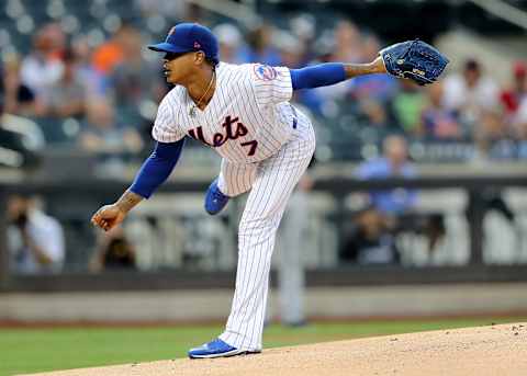 NEW YORK, NEW YORK – AUGUST 21: Marcus Stroman #7 of the New York Mets delivers a pitch in the first inning against the Cleveland Indians at Citi Field on August 21, 2019 in the Flushing neighborhood of the Queens borough of New York City. (Photo by Elsa/Getty Images)