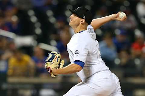 NEW YORK, NY – AUGUST 24: Brad Brach #29 of the New York Mets in action against the Atlanta Braves during a game at Citi Field on August 24, 2019 in New York City. The Braves defeated the Mets 9-4. Teams are wearing special color schemed uniforms with players choosing nicknames to display for Players’ Weekend. (Photo by Rich Schultz/Getty Images)