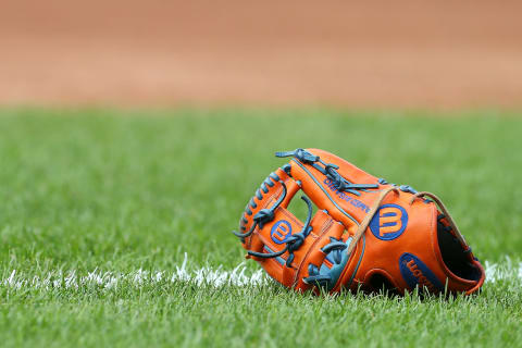 NEW YORK, NY – AUGUST 27: The Wilson baseball glove of Amed Rosario #1 of the New York Mets sits on the field during batting practice before a game against the Chicago Cubs at Citi Field on August 27, 2019 in New York City. (Photo by Rich Schultz/Getty Images)