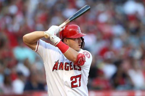 ANAHEIM, CALIFORNIA – AUGUST 31: Mike Trout #27 of the Los Angeles Angels of Anaheim at bat during a game against the Boston Red Sox at Angel Stadium of Anaheim on August 31, 2019 in Anaheim, California. (Photo by Sean M. Haffey/Getty Images)