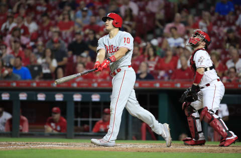 CINCINNATI, OHIO – SEPTEMBER 04: JT Realmuto #10 of the Philadelphia Phillies hits a two run home run in the 5th inning against the Cincinnati Reds at Great American Ball Park on September 04, 2019 in Cincinnati, Ohio. (Photo by Andy Lyons/Getty Images)