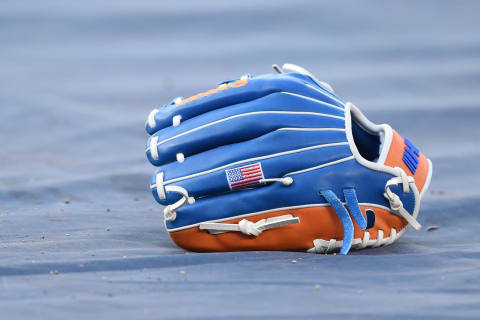 WASHINGTON, DC – SEPTEMBER 03: A New York Mets glove on the field during batting practice of a baseball game against the Washington Nationals at Nationals Park on September 3, 2019 in Washington, DC. (Photo by Mitchell Layton/Getty Images)