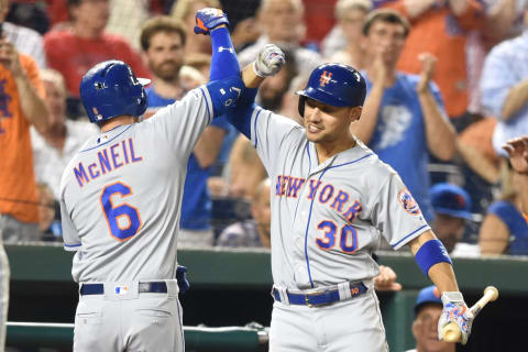 WASHINGTON, DC – SEPTEMBER 03: Jeff McNeil #6 of the New York Mets celebrates a home run with Michael Conforto #30 during a baseball game against the Washington Nationals at Nationals Park on September 3, 2019 in Washington, DC. (Photo by Mitchell Layton/Getty Images)