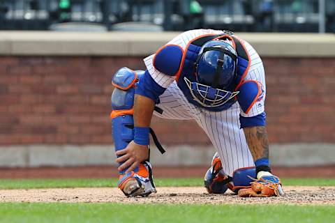 NEW YORK, NY – SEPTEMBER 08: Wilson Ramos #40 of the New York Mets reacts after getting hit by a foul ball against the Philadelphia Phillies during a game at Citi Field on September 8, 2019 in New York City. (Photo by Rich Schultz/Getty Images)