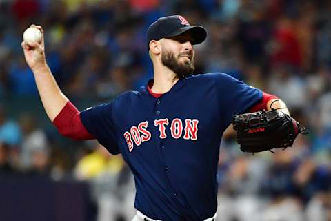 ST PETERSBURG, FLORIDA – SEPTEMBER 20: Rick Porcello #22 of the Boston Red Sox pitches to the Tampa Bay Rays during the first inning of a baseball game at Tropicana Field on September 20, 2019 in St Petersburg, Florida. (Photo by Julio Aguilar/Getty Images)