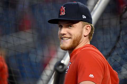 WASHINGTON, DC – OCTOBER 15: Harrison Bader #48 of the St. Louis Cardinals looks on prior to playing against the Washington Nationals in Game Four of the National League Championship Series at Nationals Park on October 15, 2019 in Washington, DC. (Photo by Will Newton/Getty Images)