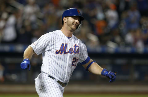 NEW YORK, NEW YORK – SEPTEMBER 28: Pete Alonso #20 of the New York Mets celebrates his third inning home run against the Atlanta Braves as he runs the bases at Citi Field on September 28, 2019 in New York City. The Mets defeated the Braves 3-0. The home run was Alonso’s 53rd of the season setting a new rookie record.(Photo by Jim McIsaac/Getty Images)