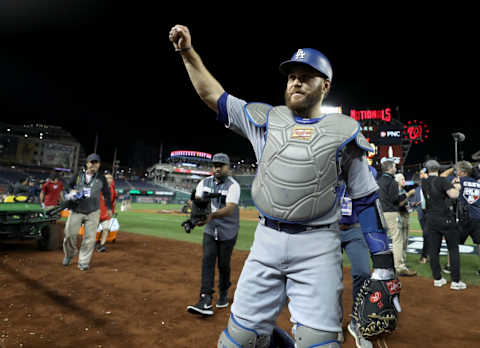 WASHINGTON, DC – OCTOBER 06: Potential Mets target catcher Russell Martin #55 of the Los Angeles Dodgers acknowledges the crowd after the Dodgers defeated the Washington Nationals 10-4 in Game 3 of the NLDS to go up two games to one at Nationals Park on October 06, 2019 in Washington, DC. (Photo by Rob Carr/Getty Images)