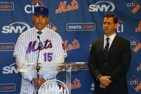 NEW YORK, NY – NOVEMBER 04: Carlos Beltran talks after being introduced by New York Mets General Manager Brodie Van Wagenen, right, during a press conference at Citi Field on November 4, 2019 in New York City. (Photo by Rich Schultz/Getty Images)