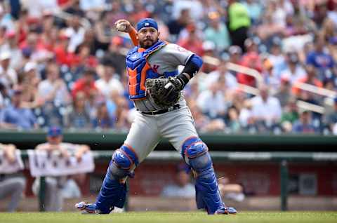 WASHINGTON, DC – SEPTEMBER 02: Rene Rivera #44 of the New York Mets throws the ball to first base against the Washington Nationals at Nationals Park on September 2, 2019 in Washington, DC. (Photo by G Fiume/Getty Images)