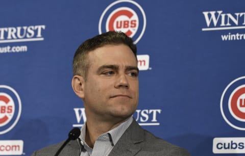 CHICAGO, ILLINOIS – OCTOBER 28: Theo Epstein, president of baseball operations of the Chicago Cubs at a press conference introducing David Ross as the new manager of the Chicago Cubs at Wrigley Field on October 28, 2019 in Chicago, Illinois. (Photo by David Banks/Getty Images)