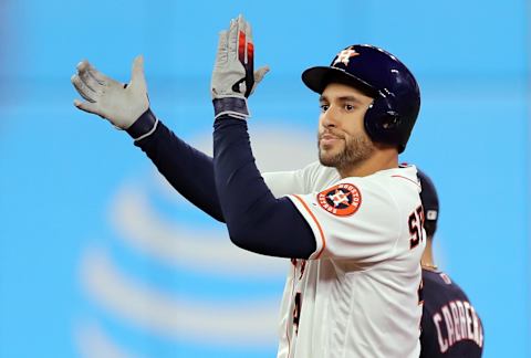 HOUSTON, TEXAS – OCTOBER 29: George Springer #4 of the Houston Astros celebrates his leadoff double against the Washington Nationals during the first inning in Game Six of the 2019 World Series at Minute Maid Park on October 29, 2019 in Houston, Texas. (Photo by Elsa/Getty Images)