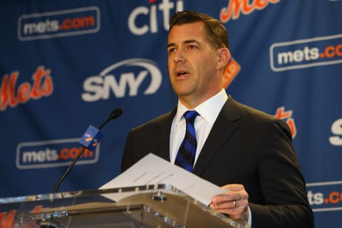 NEW YORK, NY – NOVEMBER 04: General Manager Brodie Van Wagenen gets set to introduce Carlos Beltran as the team’s new manager during a press conference at Citi Field on November 4, 2019 in New York City. (Photo by Rich Schultz/Getty Images)