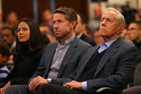 NEW YORK, NY – JANUARY 24: New York Mets Chief Operating Officer Jeff Wilpon and Chairman of the Board & Chief Executive Officer Fred Wilpon listen in as Luis Rojas is introduced as the team’s new manager at Citi Field on January 24, 2020 in New York City. Rojas had been the Mets quality control coach and was tapped as a replacement after the newly hired Carlos Beltrán was implicated for his role as a player in 2017 in the Houston Astros sign-stealing scandal. (Photo by Rich Schultz/Getty Images) (Photo by Rich Schultz/Getty Images)