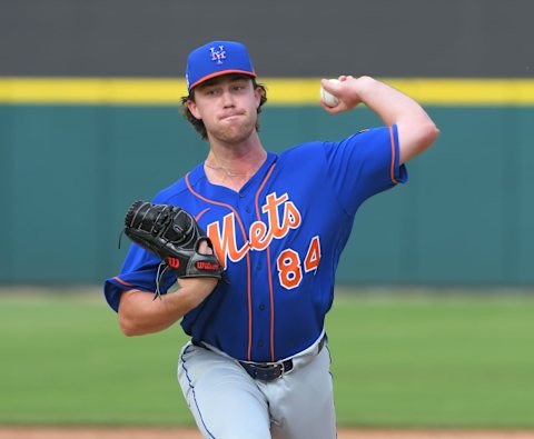 LAKELAND, FL – FEBRUARY 25: Kevin Smith #84 of the New York Mets throws a warm-up pitch during the Spring Training game against the Detroit Tigers at Publix Field at Joker Marchant Stadium on February 25, 2020 in Lakeland, Florida. The Tigers defeated the Mets 9-6. (Photo by Mark Cunningham/MLB Photos via Getty Images)