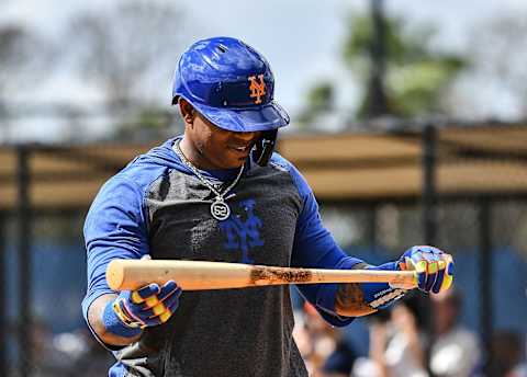 PORT ST. LUCIE, FLORIDA – FEBRUARY 20: Yoenis Cespedes #52 of the New York Mets checks his bat during the team workout at Clover Park on February 20, 2020 in Port St. Lucie, Florida. (Photo by Mark Brown/Getty Images)