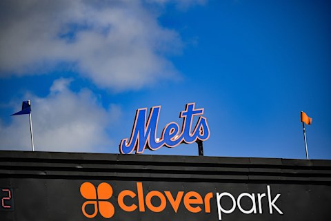 PORT ST. LUCIE, FLORIDA – FEBRUARY 20: A detaieled view of the the Mets logo during the team workout at Clover Park on February 20, 2020 in Port St. Lucie, Florida. (Photo by Mark Brown/Getty Images)