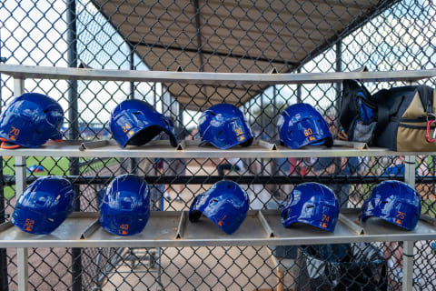 PORT ST. LUCIE, FLORIDA – FEBRUARY 20: A detailed view of New York Mets batting helemts during the team workout at Clover Park on February 20, 2020 in Port St. Lucie, Florida. (Photo by Mark Brown/Getty Images)