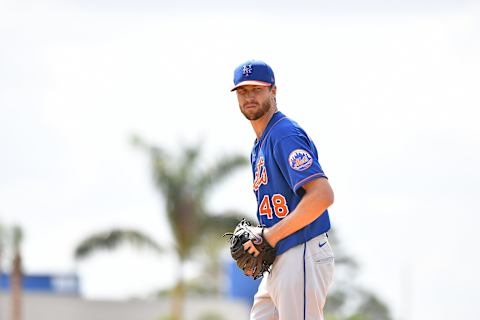 PORT ST. LUCIE, FLORIDA – FEBRUARY 20: Jacob deGrom #48 of the New York Mets pitching during the team workout at Clover Park on February 20, 2020 in Port St. Lucie, Florida. (Photo by Mark Brown/Getty Images)