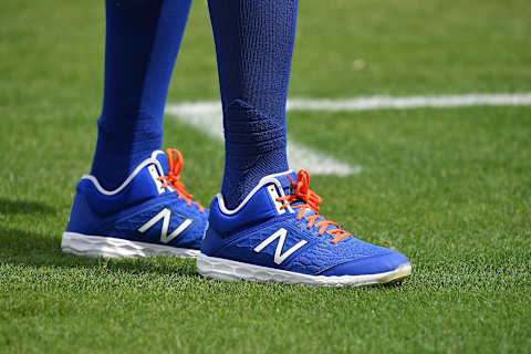 PORT ST. LUCIE, FLORIDA – MARCH 03: A detailed view of the New Balance cleats worn by Amed Rosario #1 of the New York Mets during the spring training game against the Miami Marlins at Clover Park on March 03, 2020 in Port St. Lucie, Florida. (Photo by Mark Brown/Getty Images)