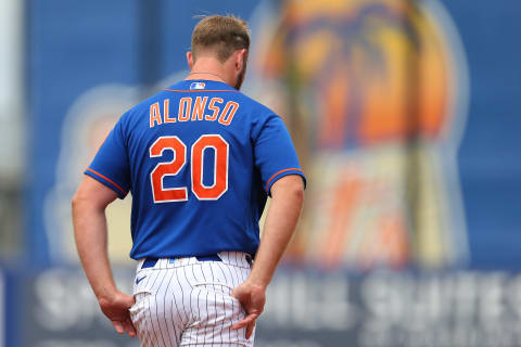 PORT ST. LUCIE, FL – MARCH 08: Pete Alonso #20 of the New York Mets in action against the Houston Astros during a spring training baseball game at Clover Park on March 8, 2020 in Port St. Lucie, Florida. The Mets defeated the Astros 3-1. (Photo by Rich Schultz/Getty Images)