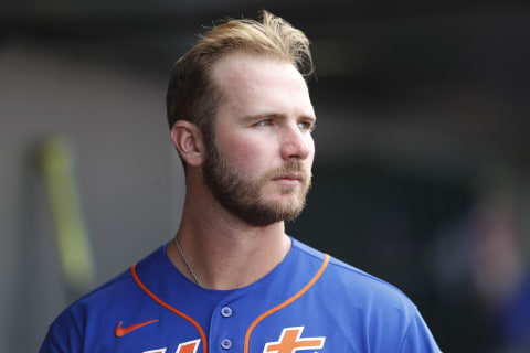 JUPITER, FLORIDA – MARCH 09: Pete Alonso #20 of the New York Mets looks on against the Miami Marlins during a Grapefruit League spring training game at Roger Dean Stadium on March 09, 2020 in Jupiter, Florida. (Photo by Michael Reaves/Getty Images)