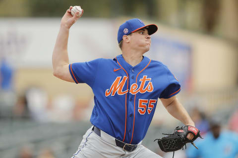 JUPITER, FLORIDA – MARCH 09: Corey Oswalt #55 of the New York Mets delivers a pitch against the Miami Marlins during a Grapefruit League spring training game at Roger Dean Stadium on March 09, 2020 in Jupiter, Florida. (Photo by Michael Reaves/Getty Images)