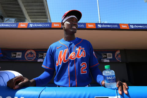 PORT ST. LUCIE, FL – MARCH 11: Ronny Mauricio #2 of the New York Mets in the dugout before a spring training baseball game against the St. Louis Cardinals at Clover Park at on March 11, 2020 in Port St. Lucie, Florida. (Photo by Rich Schultz/Getty Images)