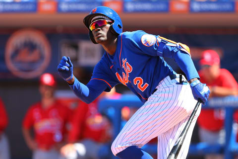 PORT ST. LUCIE, FL – MARCH 11: Ronny Mauricio #2 of the New York Mets in action against the St. Louis Cardinals during a spring training baseball game at Clover Park at on March 11, 2020 in Port St. Lucie, Florida. (Photo by Rich Schultz/Getty Images)