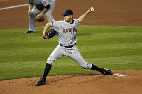 Mets starting pitcher Oliver Perez throws a pitch during game 4 of the NLCS between the New York Mets and St. Louis Cardinals at Busch Stadium in St. Louis, Missouri on October 15, 2006. The Mets won 12-5 to even the series at 2 games apiece. (Photo by G. N. Lowrance/Getty Images)