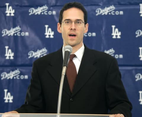 Los Angeles Dodgers general manager Paul Depodesta speaks about newest acquisition J.D. Drew at press conference held Thursday, December 23, 2004 at Dodger Stadium in Los Angeles, California. (Photo by Jon Soohoo/Getty Images)